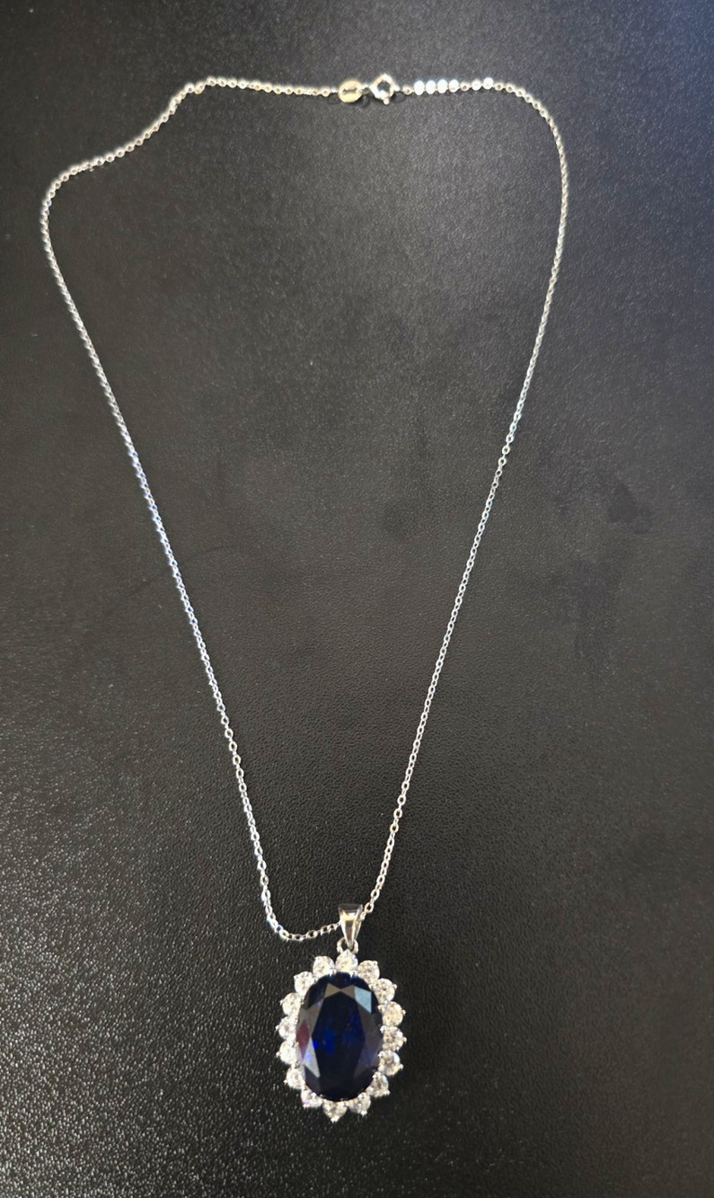 GSK 925 Silver Blue Simulated Sapphire Oval Princess Diana Halo Necklace Chain